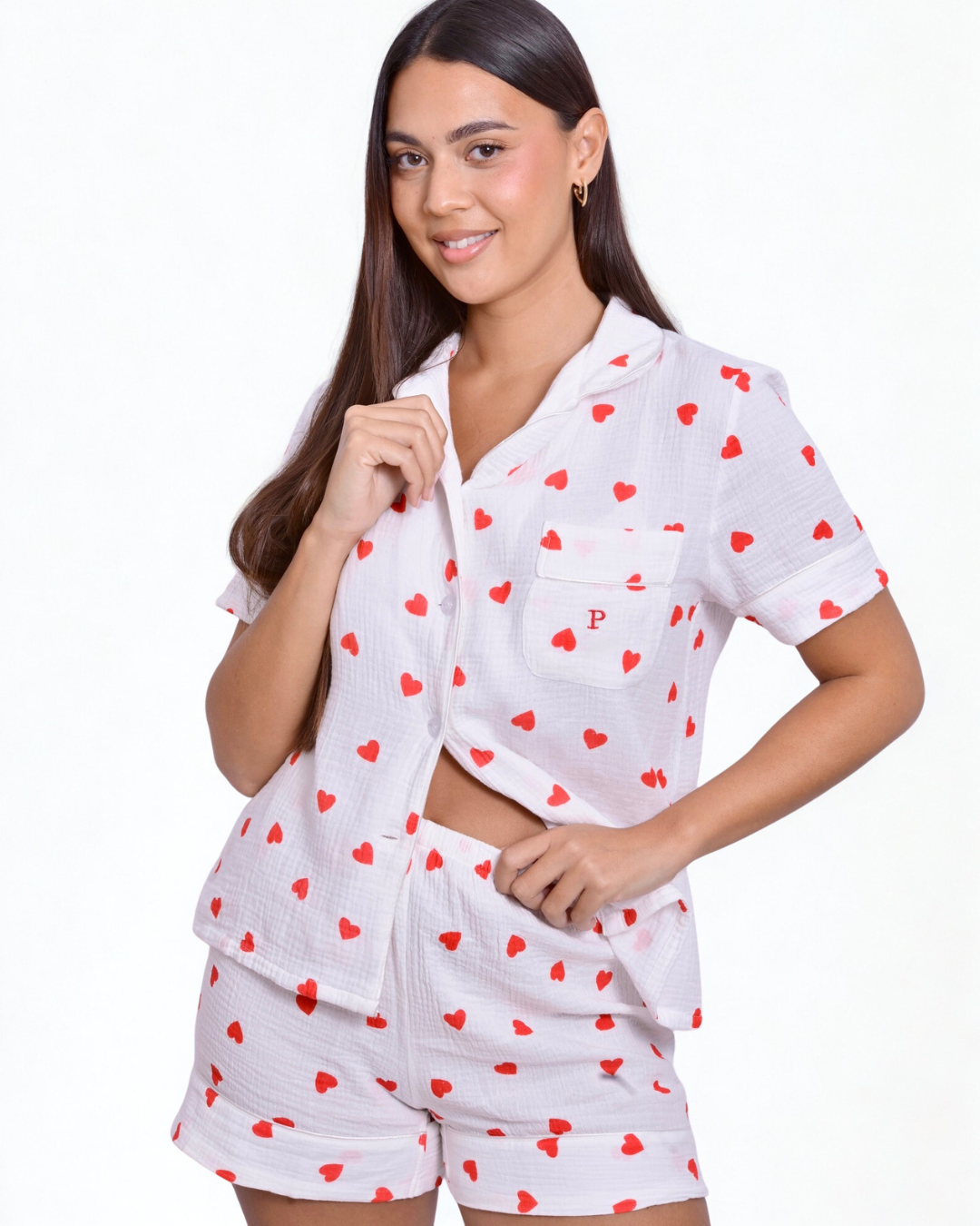 Pyjama coton blanc à cœurs rouges brodé