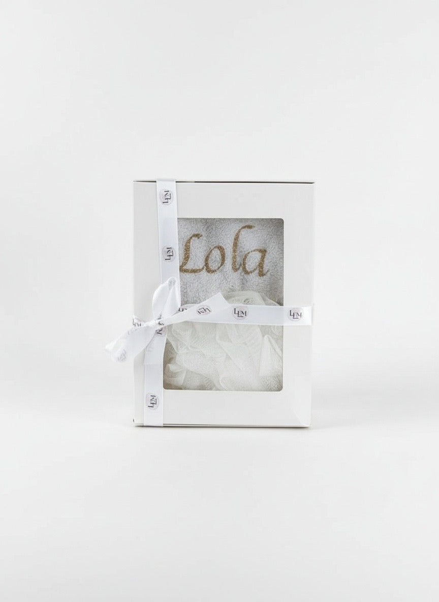 Coffret Douche Personnalisé – Gant, serviette visage & fleur de Douche