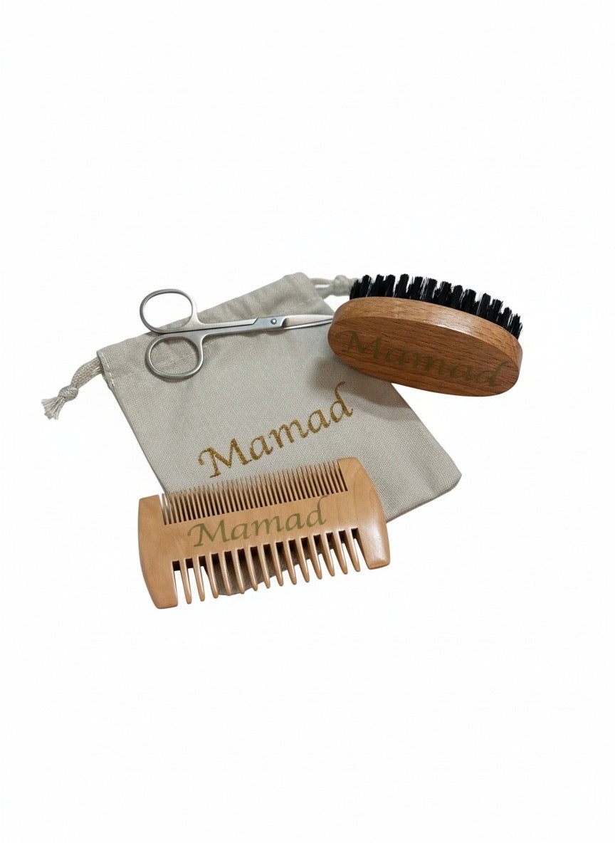 Kit barbe personnalisé – Ciseaux, peigne & brosse poil de sanglier