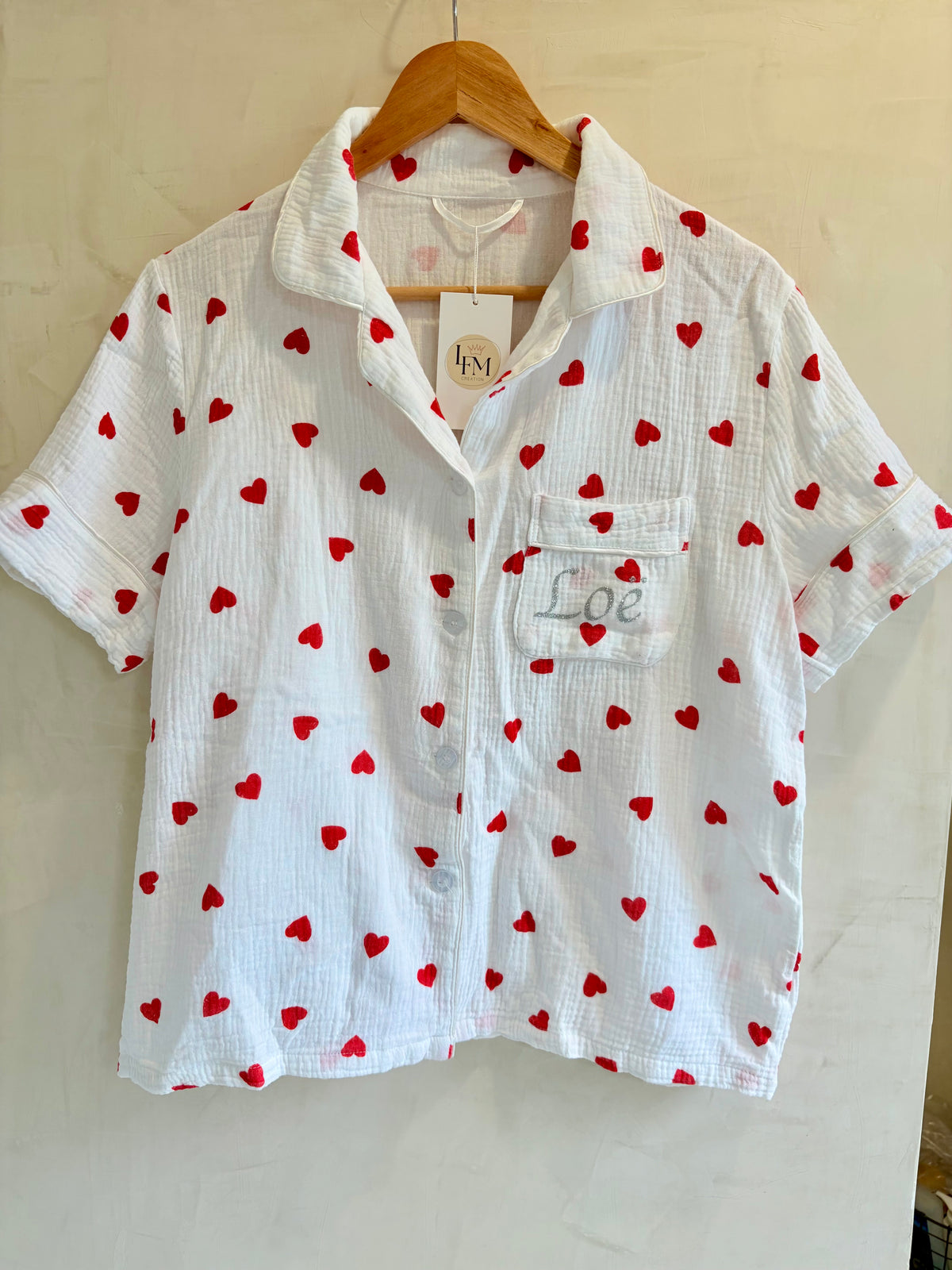 Chemise Blanche Coeurs Rouges Pyjama femme coton blanc à cœurs rouges – Chemise et short – LFM Création